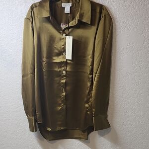Rachel Zoe Satin Button-Down Shirt in Olive